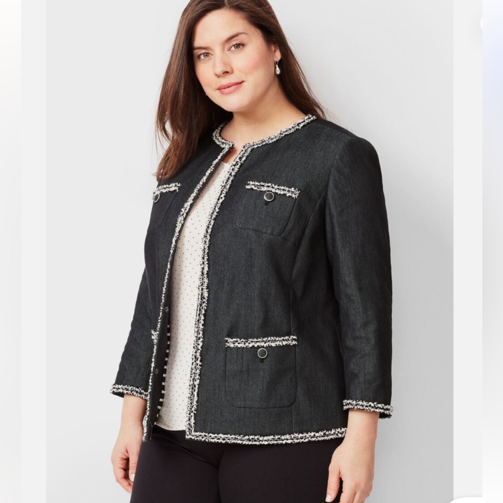 Talbots Tweed Trim Black Chambray Denim Blazer Business Office Patch Pockets 16